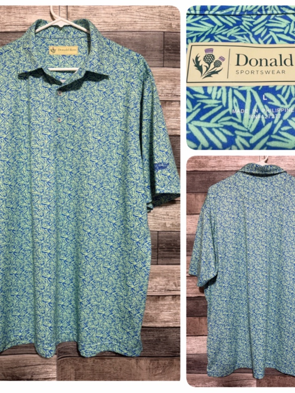 Donald Ross Floral Polo Shirt Men’s L Blue Green Dallas Athletic Club Golf